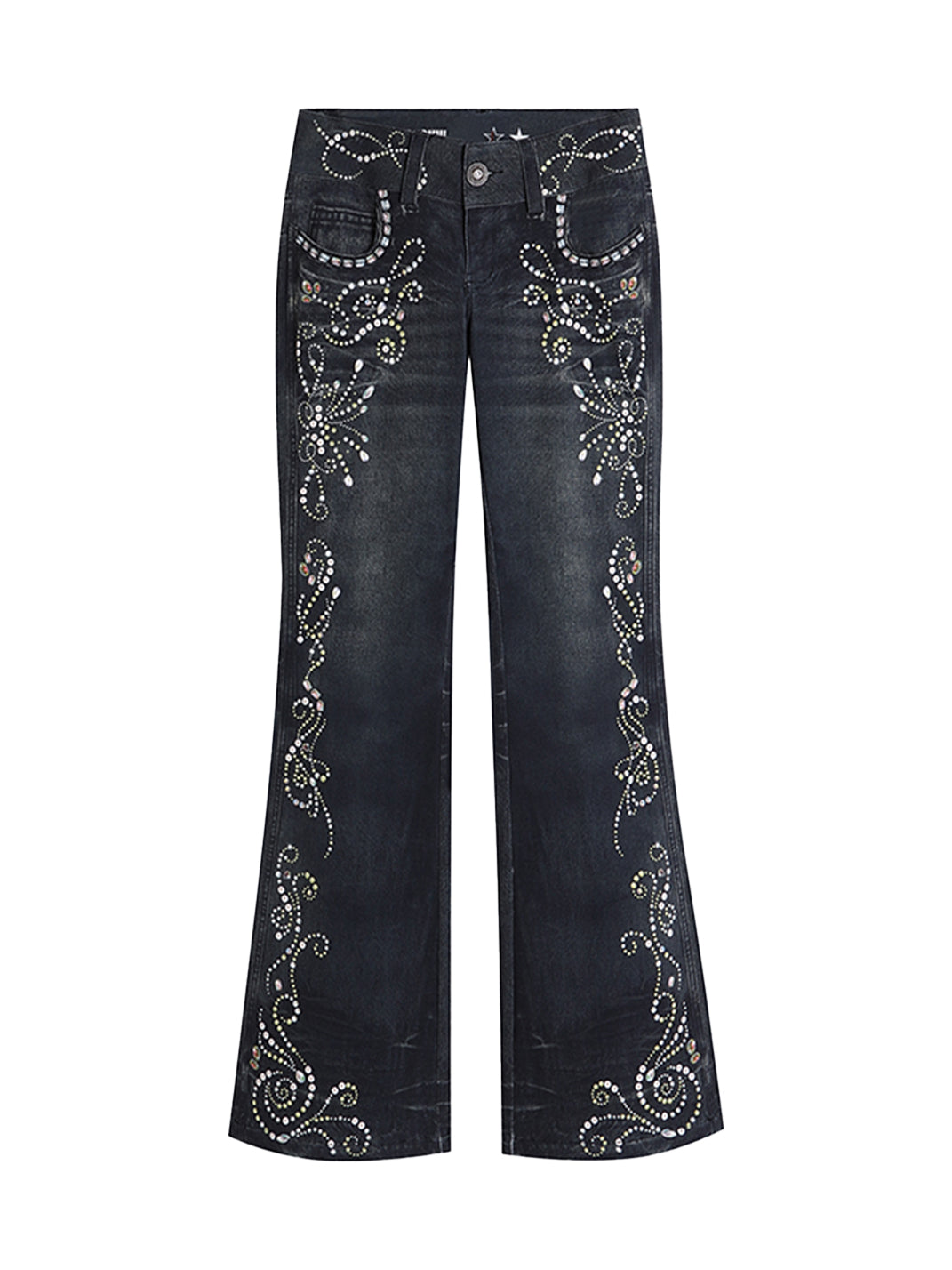 FayChui | Retro Gem Print Flared Denim Look Pants - PSYLOS 1, FayChui | Retro Gem Print Flared Denim Look Pants, Jeans, FayChui, PSYLOS 1